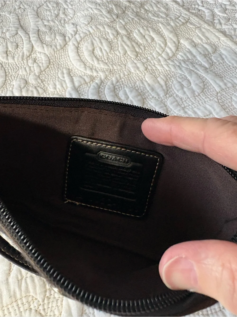 Coach Dark Brown Signature Canvas Wristlet Clutch